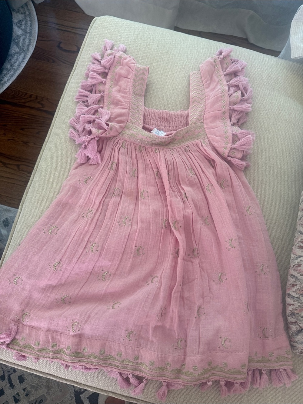 Sol Mer Pink Tassel-Trim Gauze Dress with Gold Embroidery